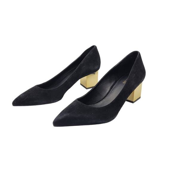 Michael Michael Kors NIB Suede Petra Pumps Black Gold Block Heel Slip On Size 7M - Picture 1 of 14